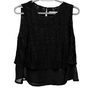 Hui Ying Bo  Black Crochet Lace Top with Chiffon semi Sheer Hem Large